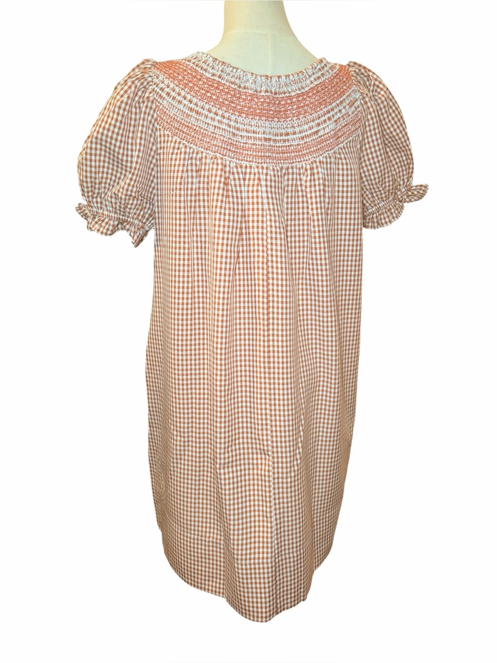 NWT J Marie Logan Gingham Smocked Puff Sleeve Mini Dress Burnt Orange S - Picture 4 of 10